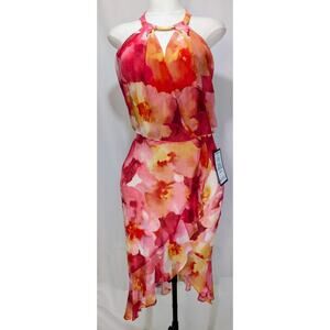 X by Xscape Floral Halter Chiffon Midi Dress Pink Orange Size 8 NWT